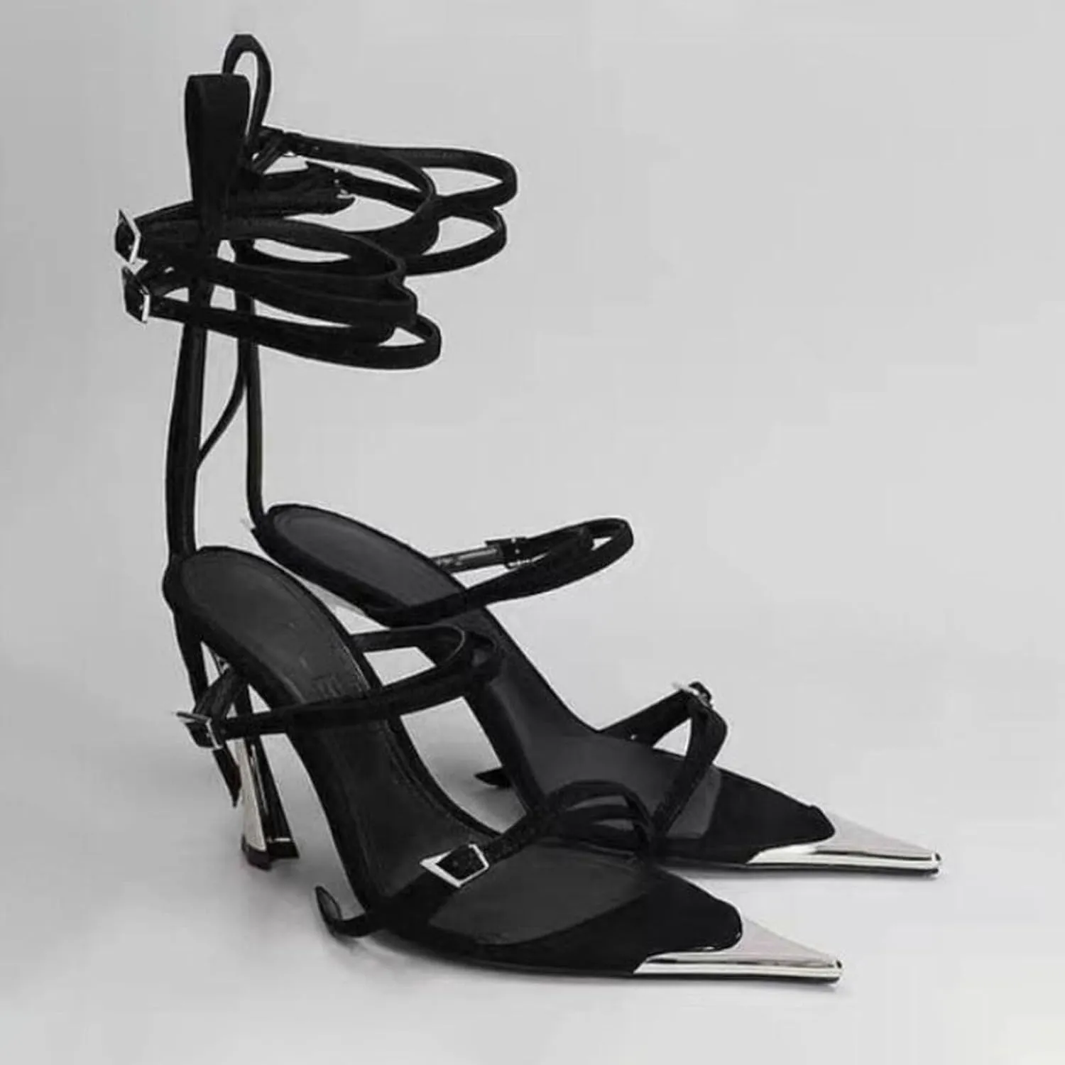 9cm Large Size Pointed High Heels Simple Thin Strap Sandals Metal Heels Summer Women's Shoes