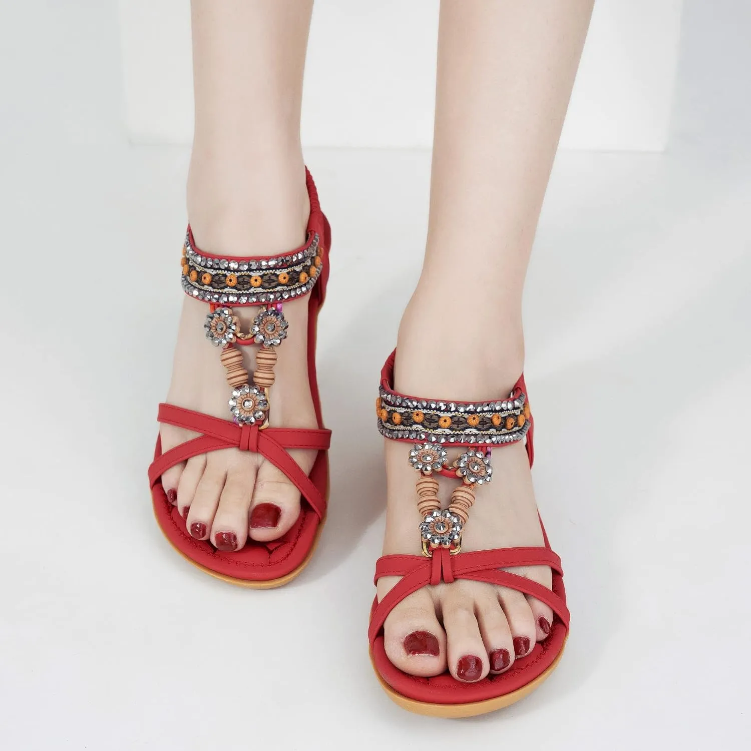 Alicegana Womens Sandals Dressy Summer: Comfortable Bohemian Flats Elastic Ankle Strap Walking Beach Shoes