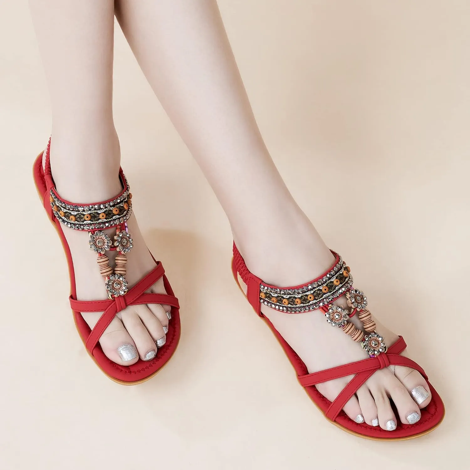 Alicegana Womens Sandals Dressy Summer: Comfortable Bohemian Flats Elastic Ankle Strap Walking Beach Shoes