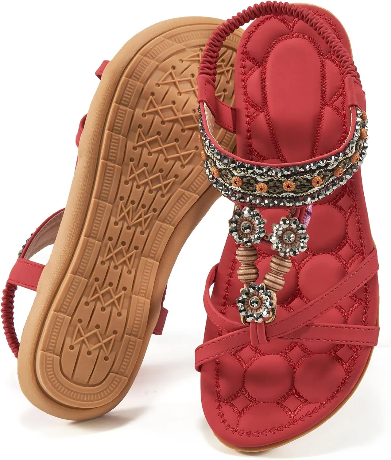 Alicegana Womens Sandals Dressy Summer: Comfortable Bohemian Flats Elastic Ankle Strap Walking Beach Shoes