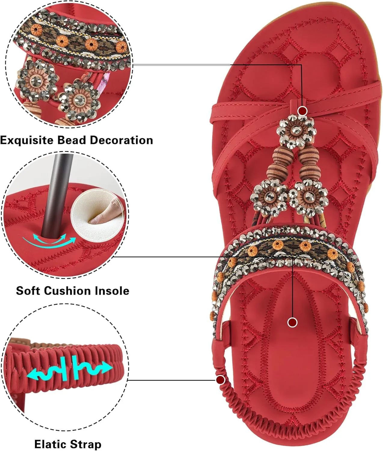 Alicegana Womens Sandals Dressy Summer: Comfortable Bohemian Flats Elastic Ankle Strap Walking Beach Shoes