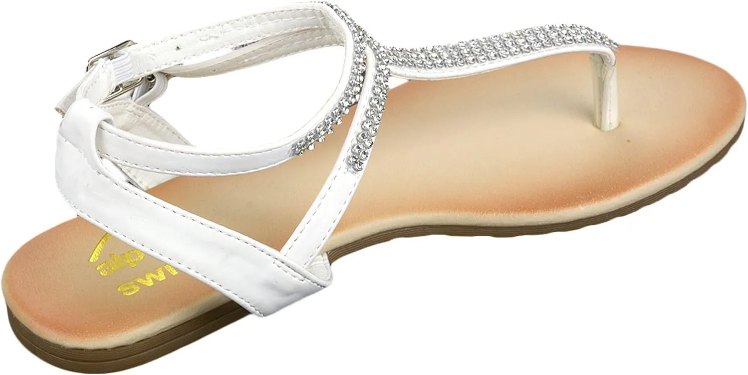 Alpine Swiss Womens Slingback T-Strap Rhinestone Ankle Strap Thong Sandals