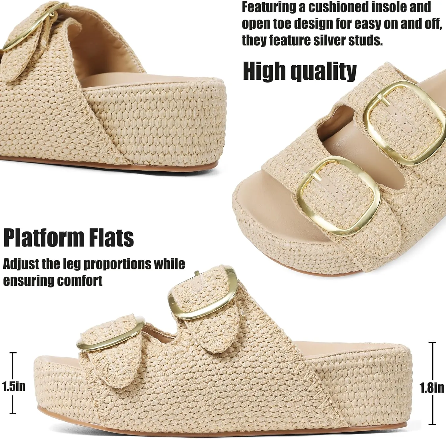 AMINUGAL Flat Sandals for Women Dressy Summer Raffia Platform Sandals Women Beach Platform Slides for Women Open Toe Straw Woven Sandals Women Buckle Womens Flat Sandals