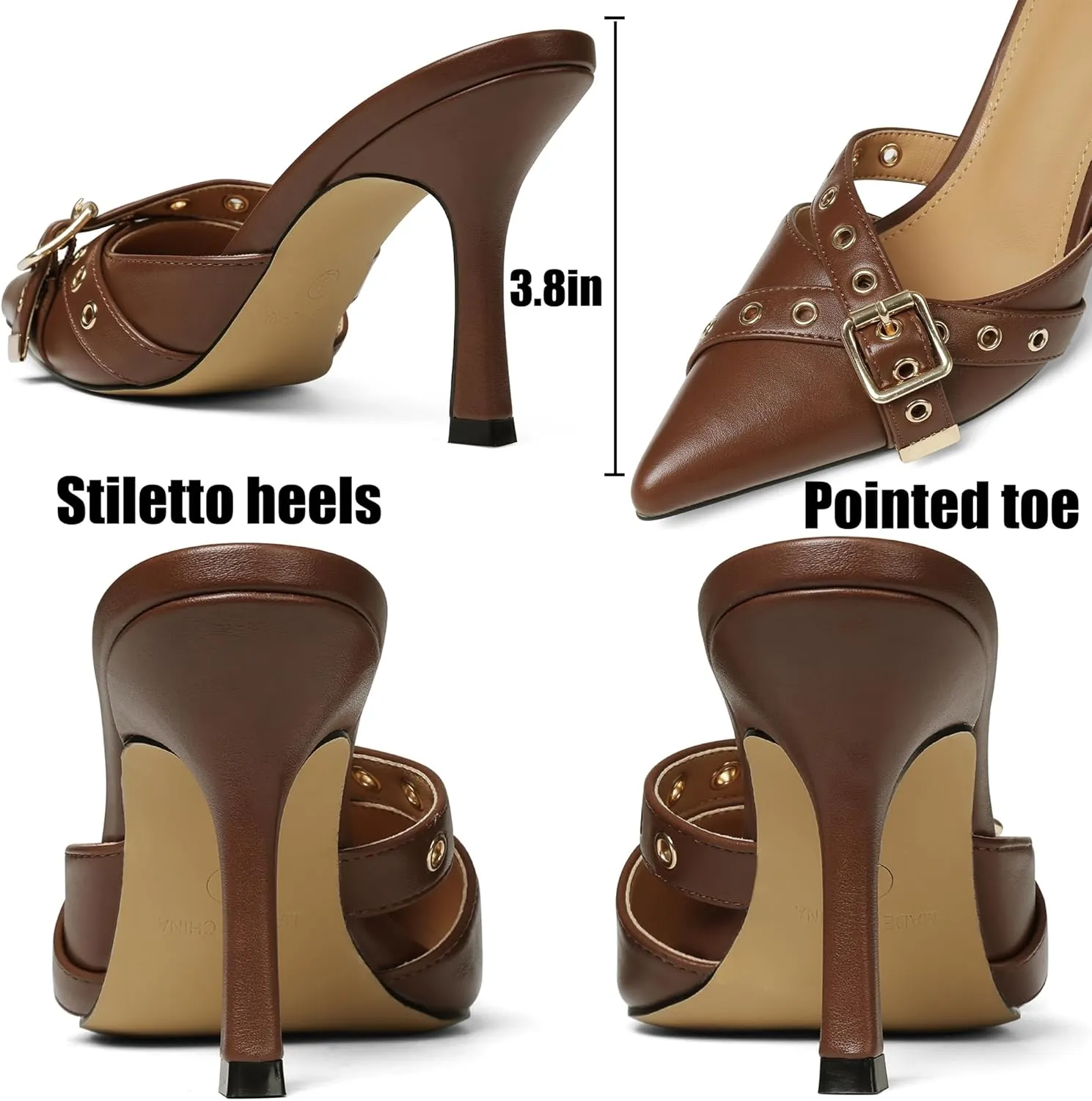 AMINUGAL Mules Heels for Women Pointed Closed Toe Kitten Pumps Buckle Slip On Studded Stiletto Heeled Party Dress Shoes