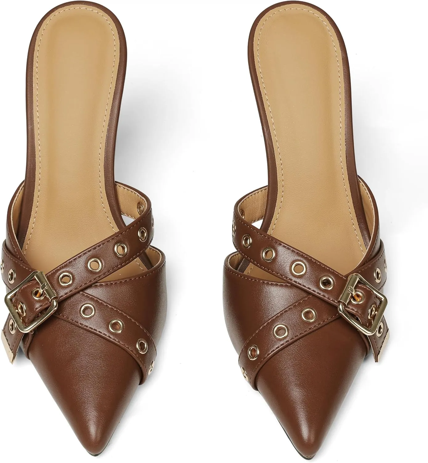 AMINUGAL Mules Heels for Women Pointed Closed Toe Kitten Pumps Buckle Slip On Studded Stiletto Heeled Party Dress Shoes