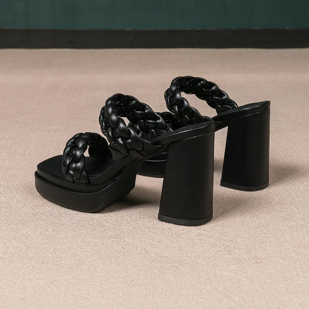 Amoji Women 4 Inch Platform Chunky Heels Two Strap Slip On Heeled Braided Sandals 314