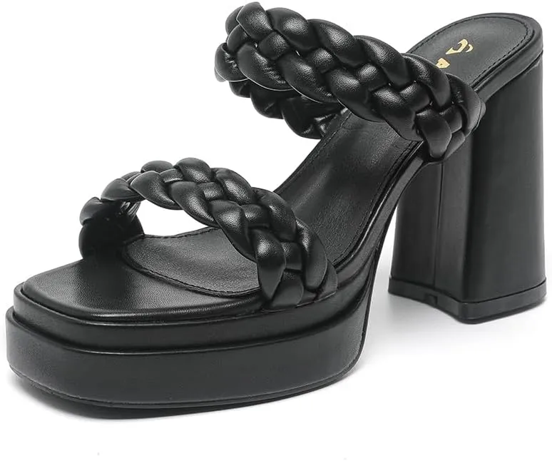 Amoji Women 4 Inch Platform Chunky Heels Two Strap Slip On Heeled Braided Sandals 314