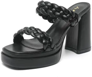 Amoji Women 4 Inch Platform Chunky Heels Two Strap Slip On Heeled Braided Sandals 314