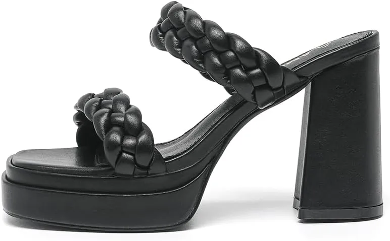 Amoji Women 4 Inch Platform Chunky Heels Two Strap Slip On Heeled Braided Sandals 314