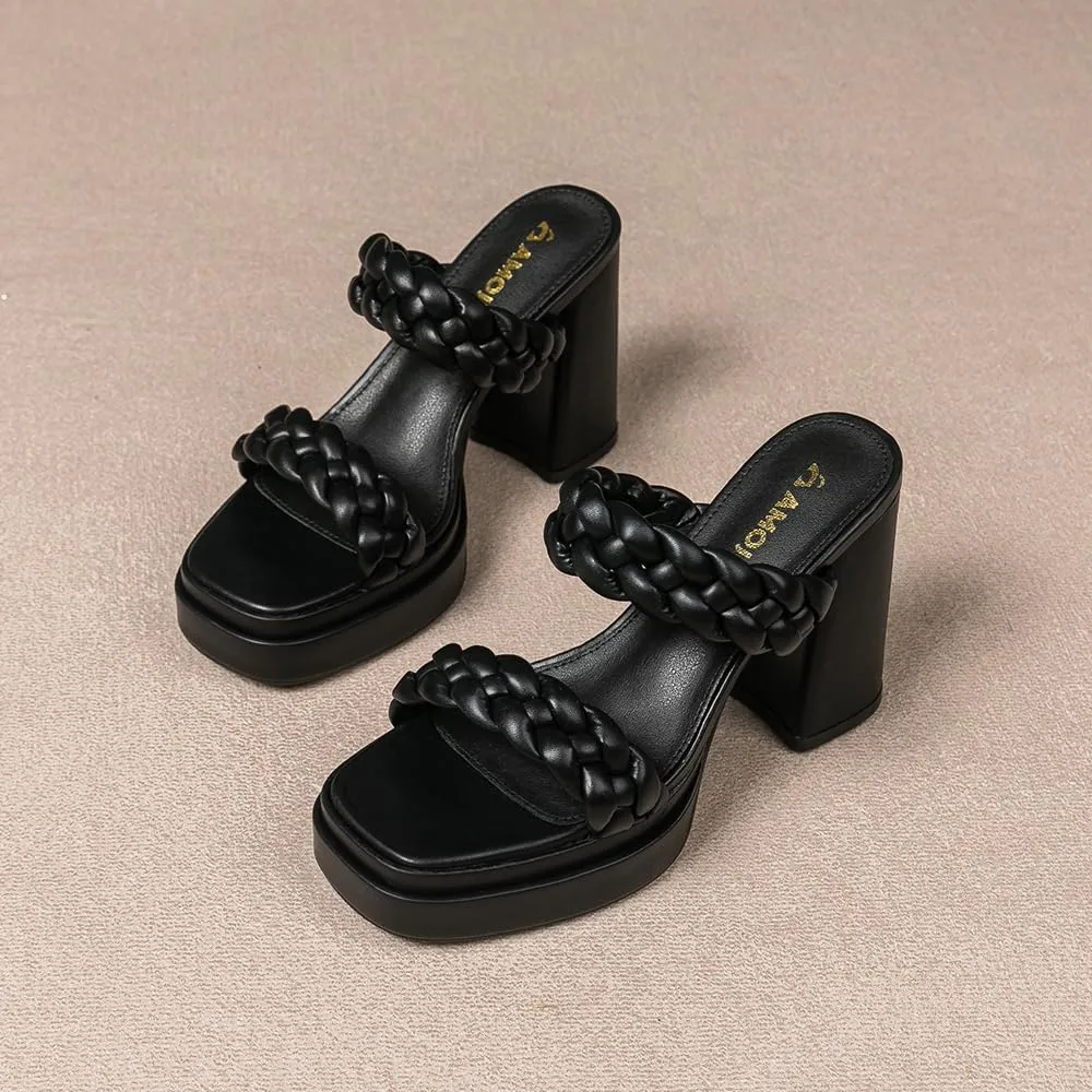 Amoji Women 4 Inch Platform Chunky Heels Two Strap Slip On Heeled Braided Sandals 314