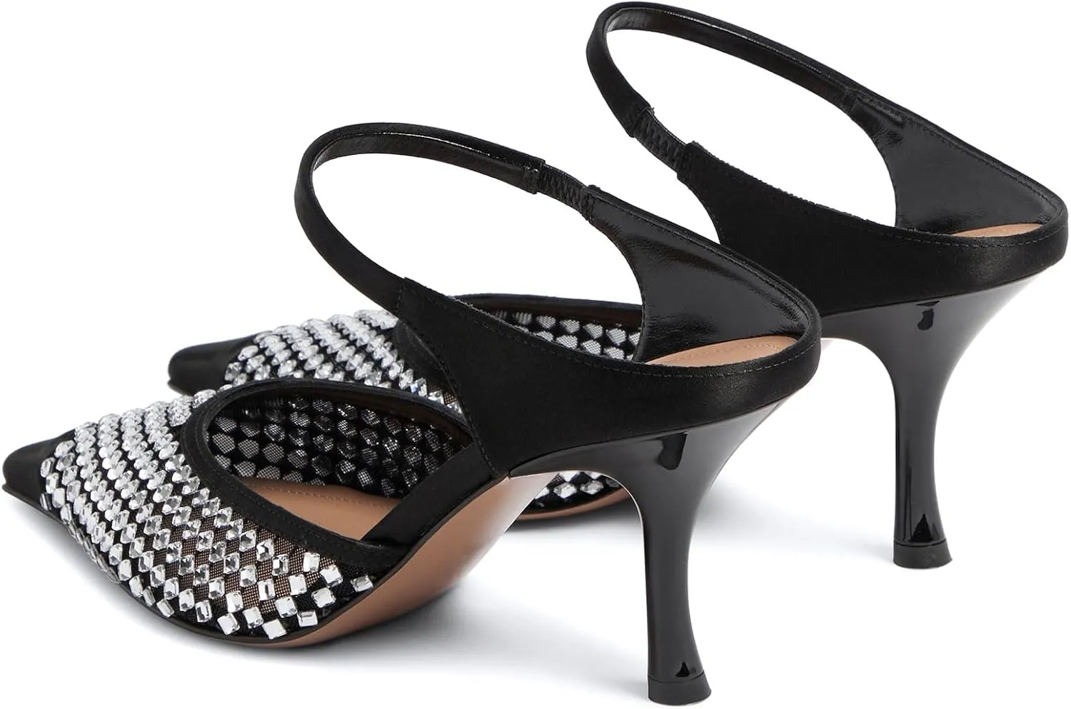 anteikira Women's Cap Toe Heeled Sandals Rhinestones Mesh Kitten Heels Ankle Strap Crystal Mules Stiletto Heel Pointed Toe Party Wedding Evening High Heels for Women Size 5.5-12US