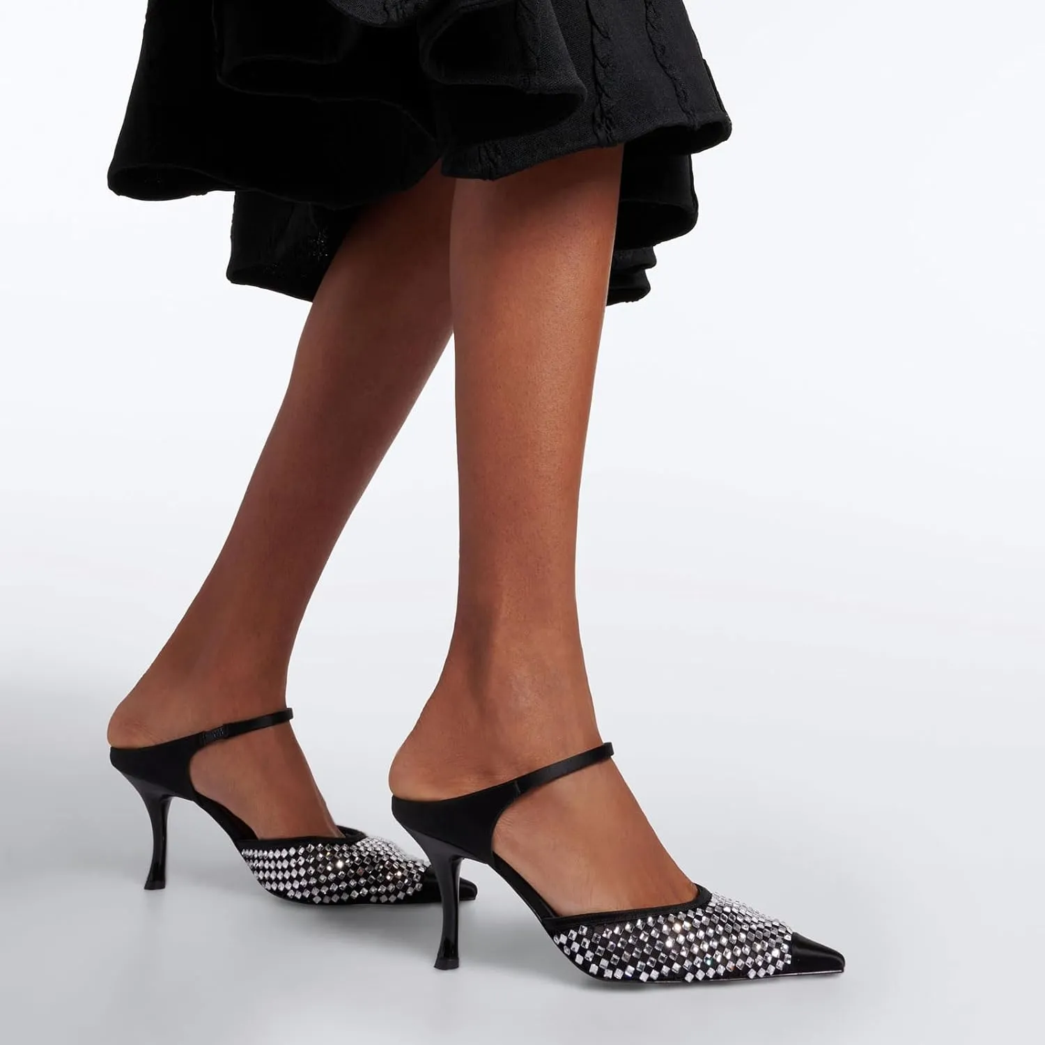 anteikira Women's Cap Toe Heeled Sandals Rhinestones Mesh Kitten Heels Ankle Strap Crystal Mules Stiletto Heel Pointed Toe Party Wedding Evening High Heels for Women Size 5.5-12US