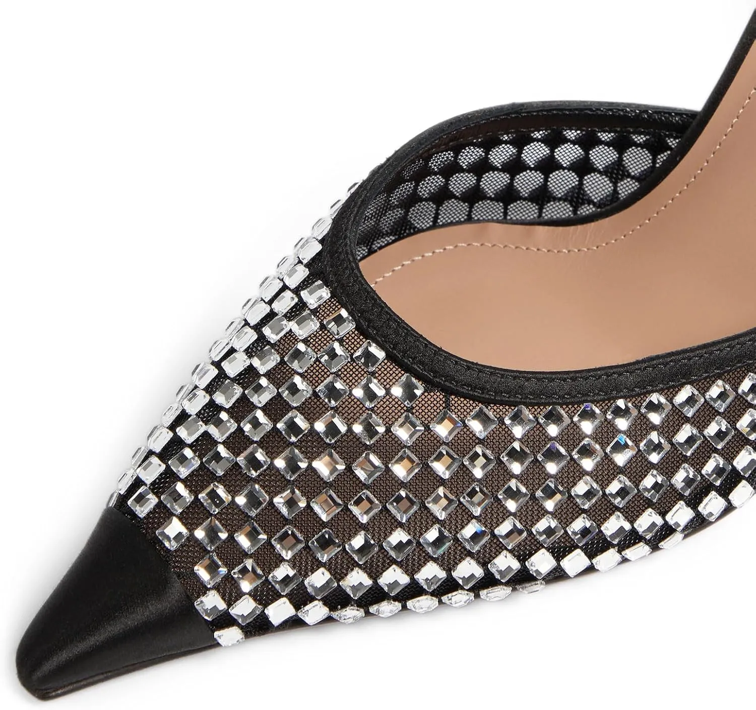 anteikira Women's Cap Toe Heeled Sandals Rhinestones Mesh Kitten Heels Ankle Strap Crystal Mules Stiletto Heel Pointed Toe Party Wedding Evening High Heels for Women Size 5.5-12US