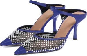 anteikira Women's Cap Toe Heeled Sandals Rhinestones Mesh Kitten Heels Ankle Strap Crystal Mules Stiletto Heel Pointed Toe Party Wedding Evening High Heels for Women Size 5.5-12US