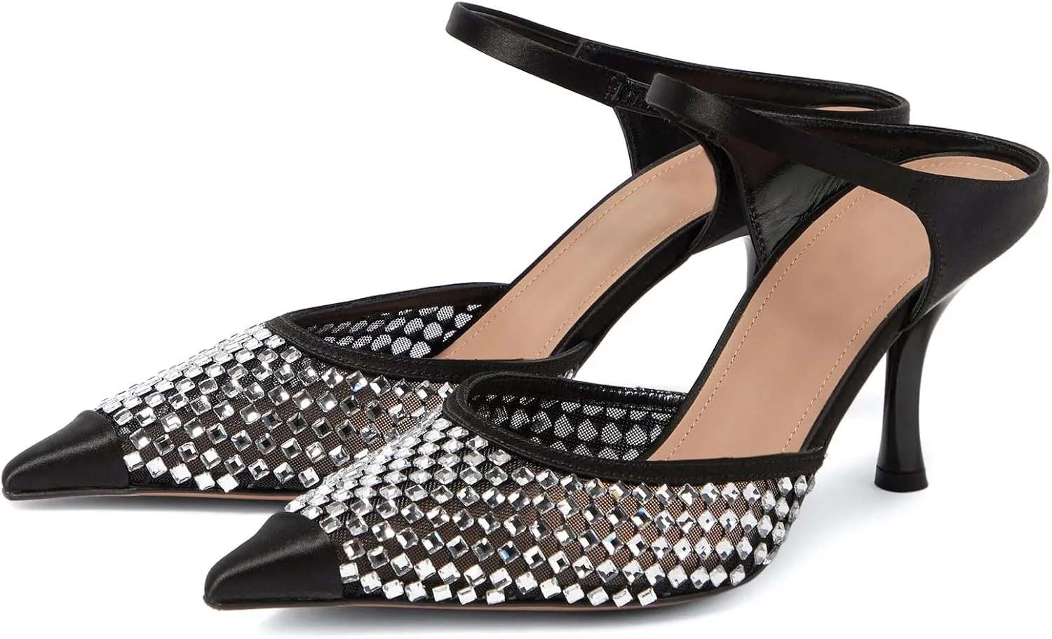 anteikira Women's Cap Toe Heeled Sandals Rhinestones Mesh Kitten Heels Ankle Strap Crystal Mules Stiletto Heel Pointed Toe Party Wedding Evening High Heels for Women Size 5.5-12US