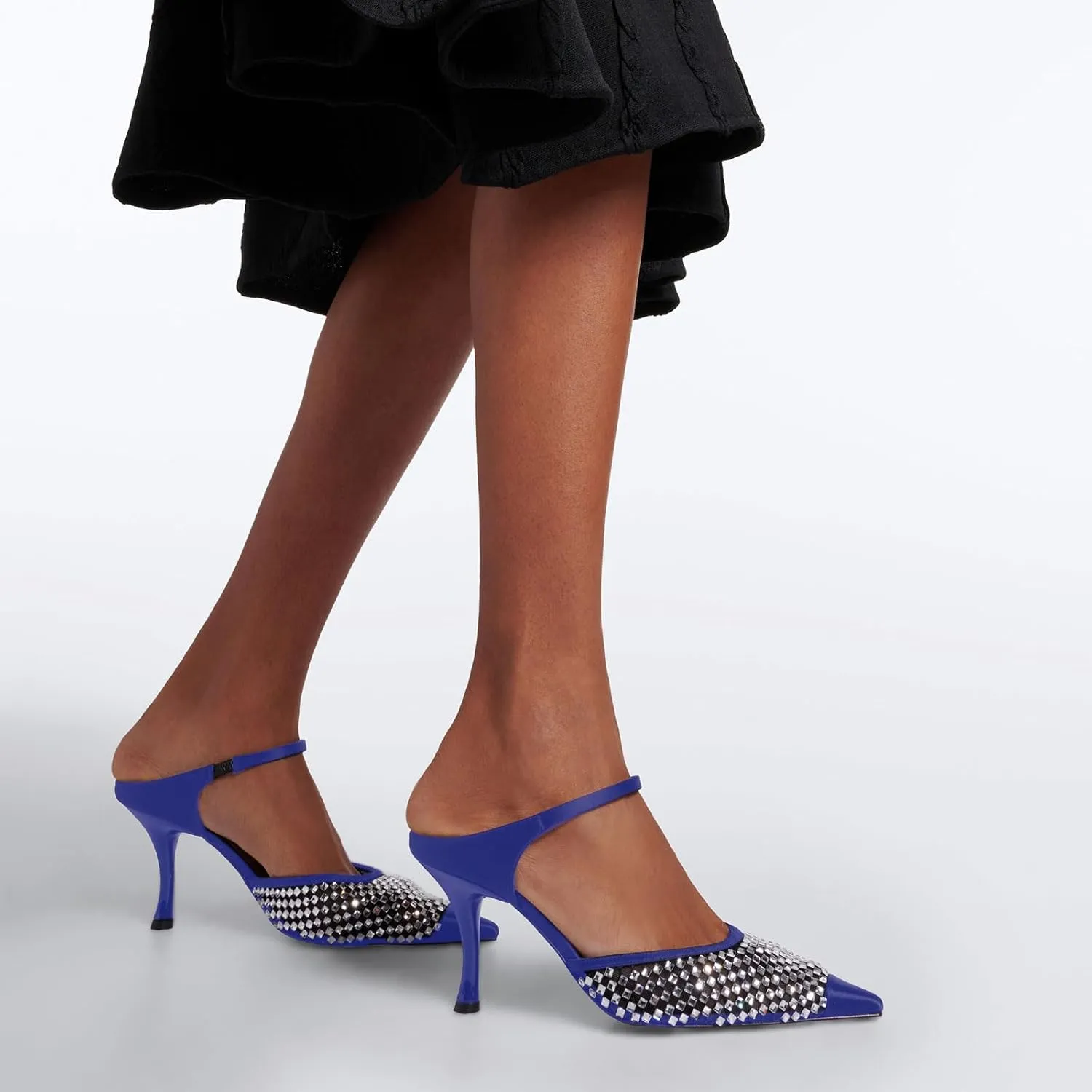 anteikira Women's Cap Toe Heeled Sandals Rhinestones Mesh Kitten Heels Ankle Strap Crystal Mules Stiletto Heel Pointed Toe Party Wedding Evening High Heels for Women Size 5.5-12US