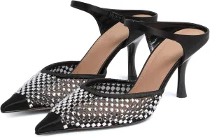 anteikira Women's Cap Toe Heeled Sandals Rhinestones Mesh Kitten Heels Ankle Strap Crystal Mules Stiletto Heel Pointed Toe Party Wedding Evening High Heels for Women Size 5.5-12US