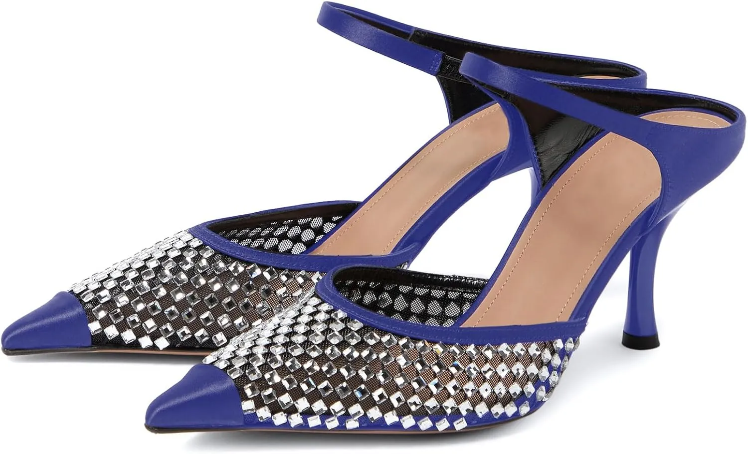 anteikira Women's Cap Toe Heeled Sandals Rhinestones Mesh Kitten Heels Ankle Strap Crystal Mules Stiletto Heel Pointed Toe Party Wedding Evening High Heels for Women Size 5.5-12US