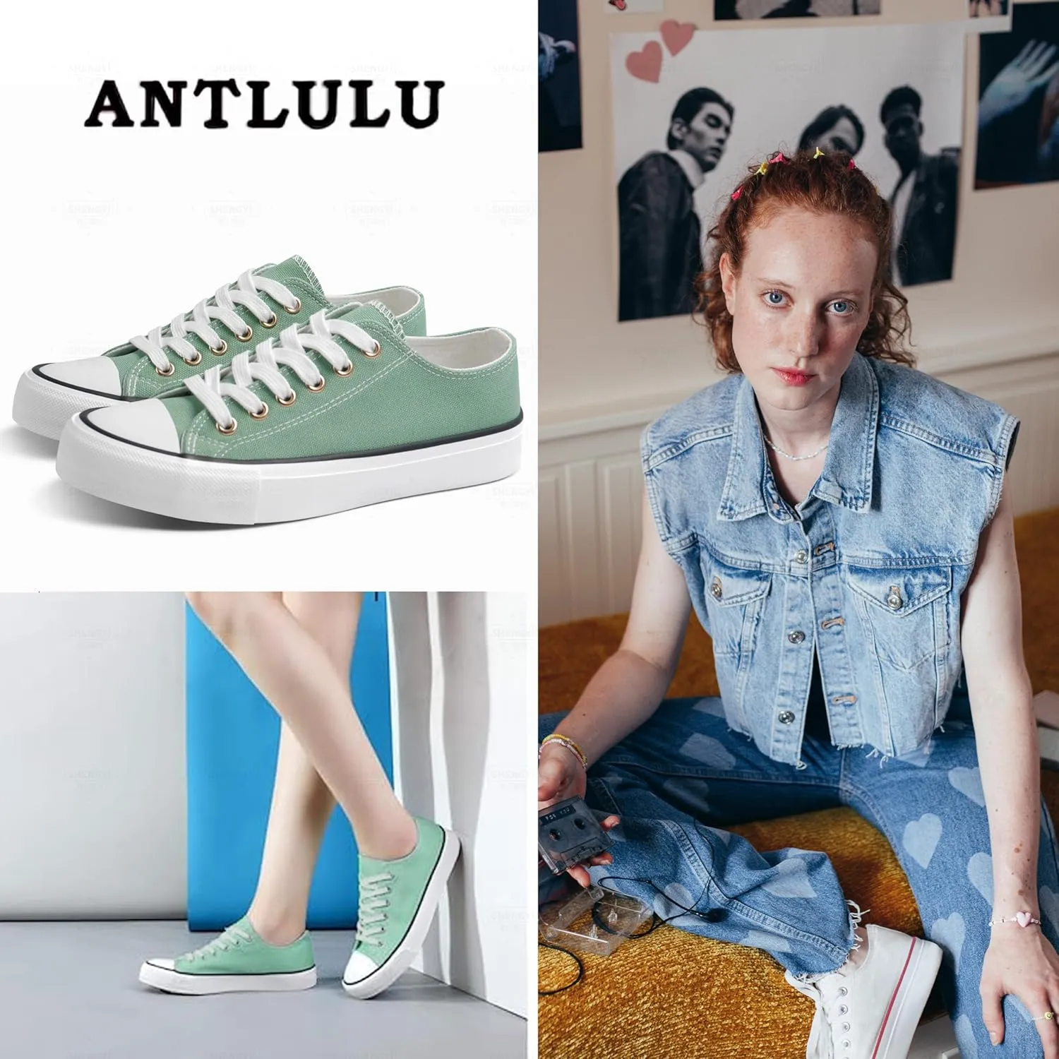 ANTLULU Womens Canvas Shoes Low Top and Lace up Fashion Casual Sneakers Black and White Classic