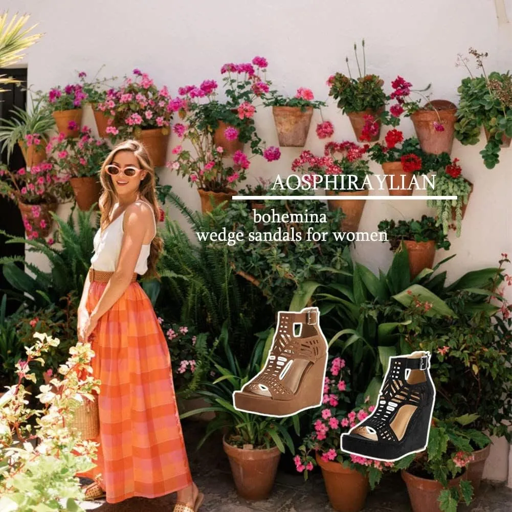 AOSPHIRAYLIAN Wedge Sandals for Women Open Toe Cutout Platform Bohemian Sandals High Heel Buckle Ankle Strap Comfy Summer Sandals