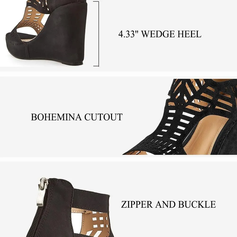 AOSPHIRAYLIAN Wedge Sandals for Women Open Toe Cutout Platform Bohemian Sandals High Heel Buckle Ankle Strap Comfy Summer Sandals