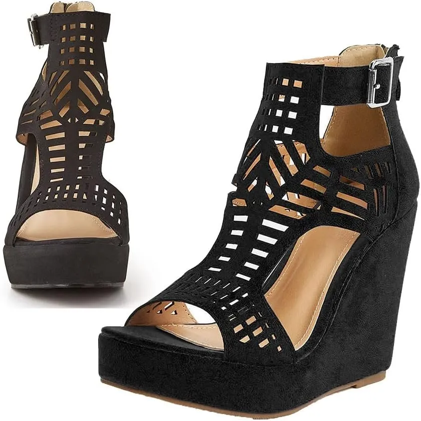 AOSPHIRAYLIAN Wedge Sandals for Women Open Toe Cutout Platform Bohemian Sandals High Heel Buckle Ankle Strap Comfy Summer Sandals