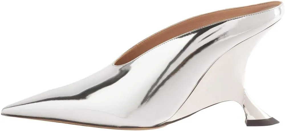 Arqa Metallic Leather Heeled Mules for Women Pointed Toe Wedge Heel Slide Sandals Slip-on Mule Heels Dressy Pumps