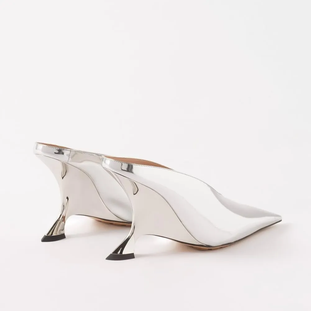 Arqa Metallic Leather Heeled Mules for Women Pointed Toe Wedge Heel Slide Sandals Slip-on Mule Heels Dressy Pumps