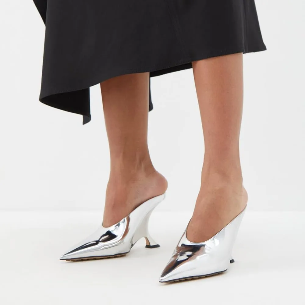Arqa Metallic Leather Heeled Mules for Women Pointed Toe Wedge Heel Slide Sandals Slip-on Mule Heels Dressy Pumps