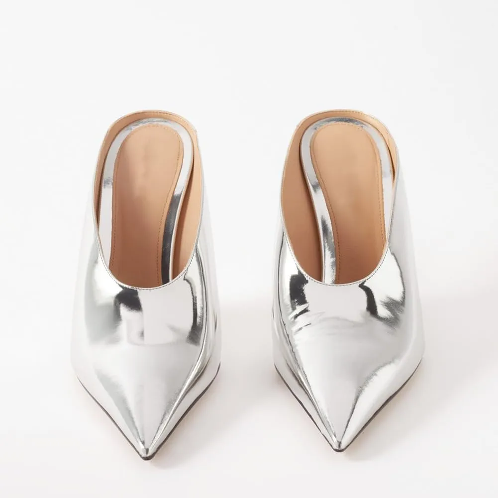 Arqa Metallic Leather Heeled Mules for Women Pointed Toe Wedge Heel Slide Sandals Slip-on Mule Heels Dressy Pumps