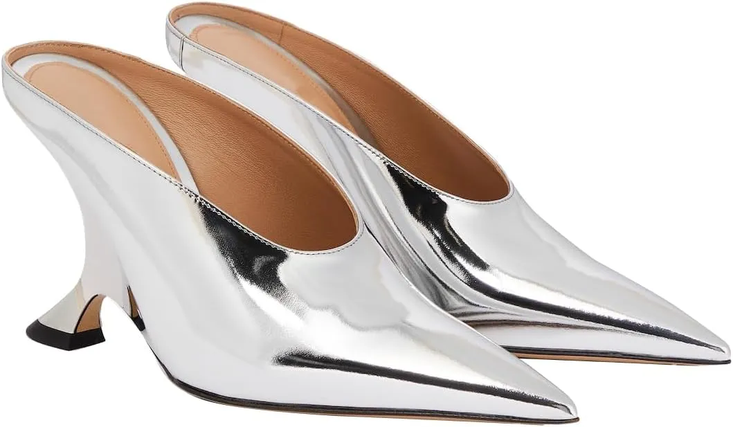 Arqa Metallic Leather Heeled Mules for Women Pointed Toe Wedge Heel Slide Sandals Slip-on Mule Heels Dressy Pumps