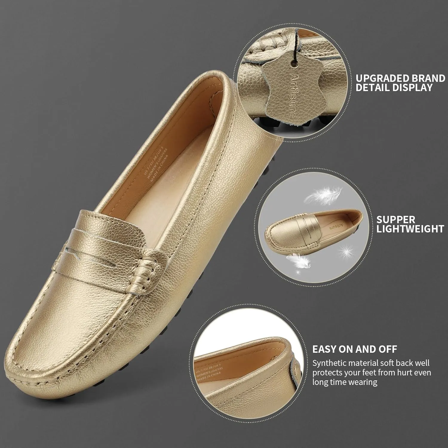Artisure Women's Classic Comfort Leather Penny Loafers Casual Slip-Ons Lightweight Walking Flats Driving Mocs Boat Shoes