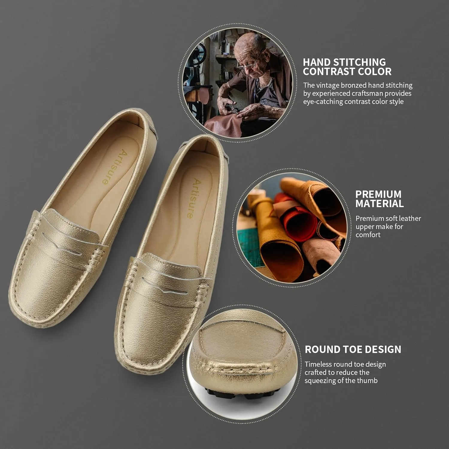 Artisure Women's Classic Comfort Leather Penny Loafers Casual Slip-Ons Lightweight Walking Flats Driving Mocs Boat Shoes