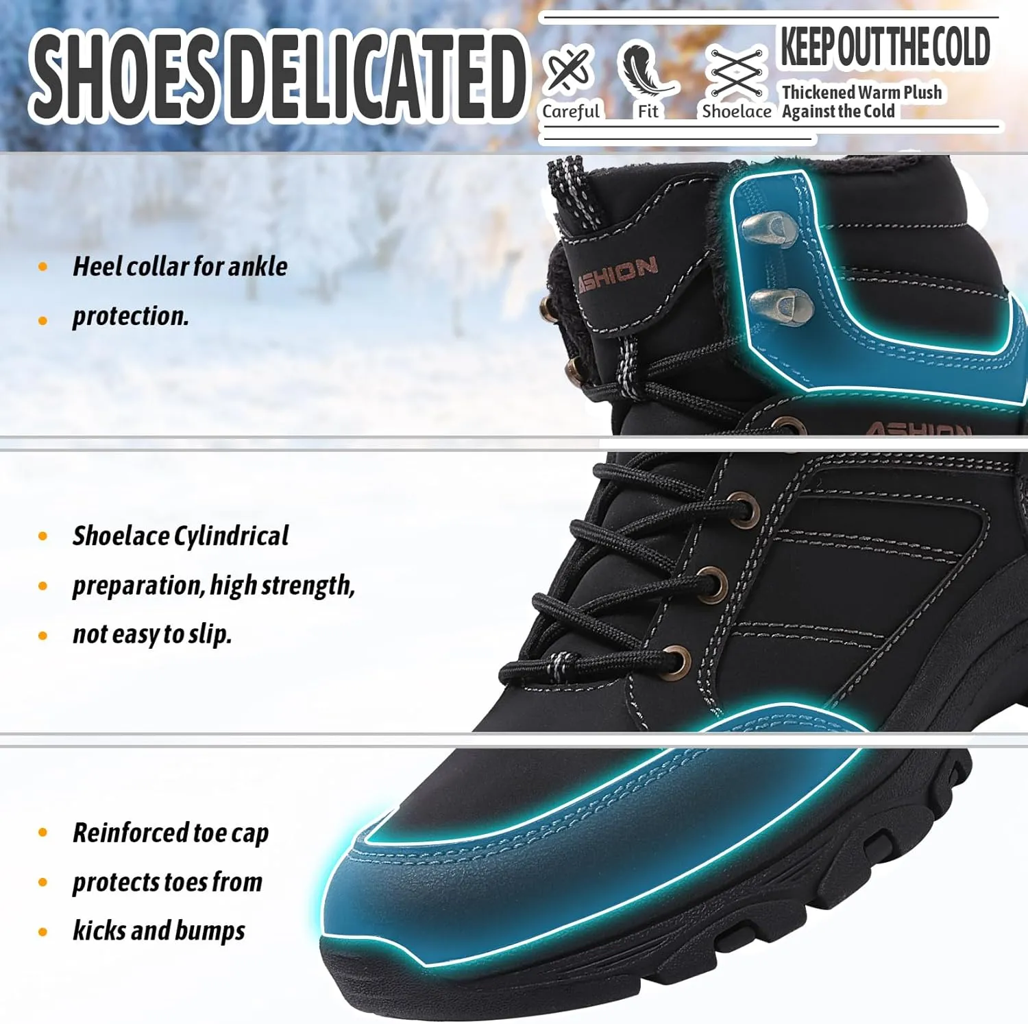 ASHION Mens Snow Boots Barefoot Winter Shoes Hiking Footwear Fur Lined Warm Ankle Boots Zero Drop Sole Comfortable Outdoor Walking Shoes Booties
