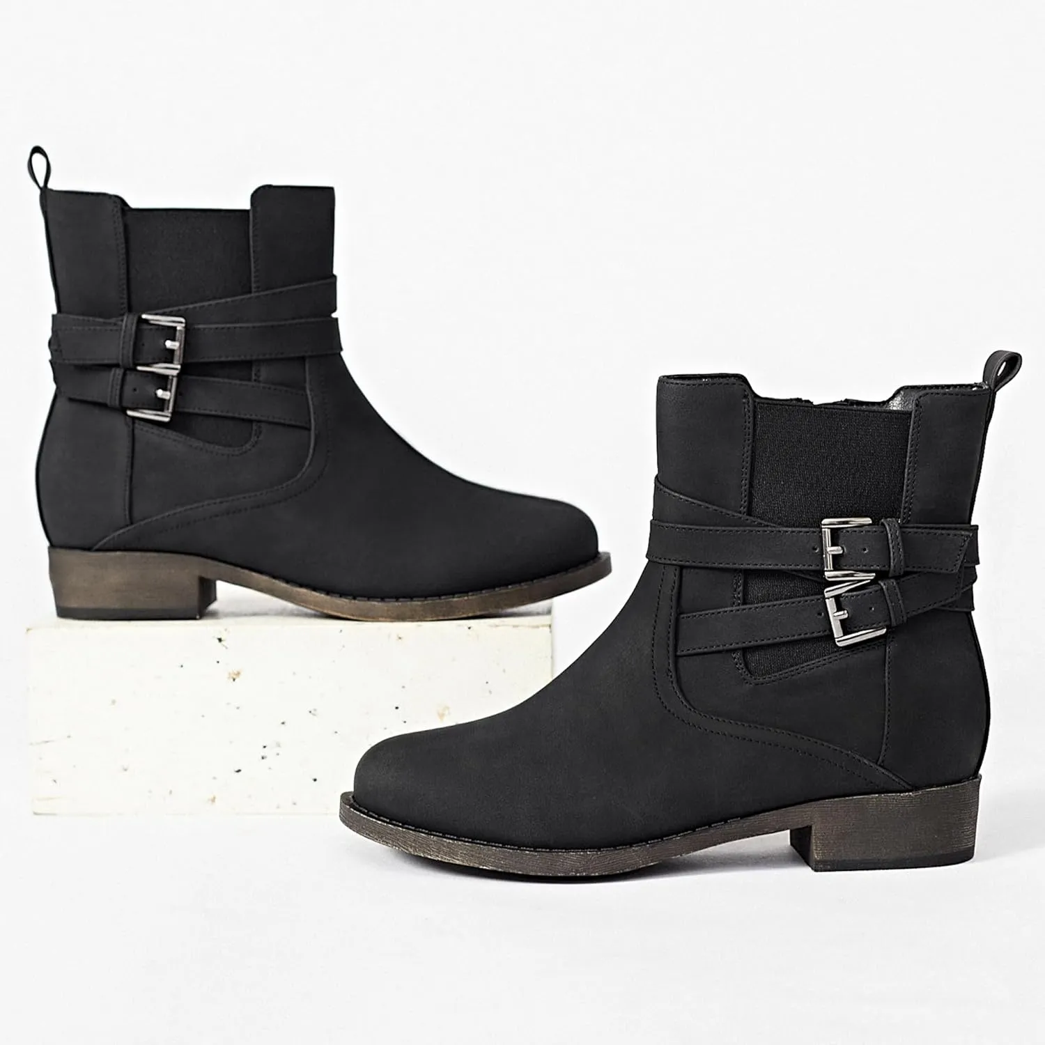 Ataiwee Women's Ankle Boots - Classic Side Zip, Comfortable Platform, Cover with Buckle Strap, Round Toe, Low Chunky Heel Comfort Slip On Fashion (Black/Dark Brown/Grey) Boots.