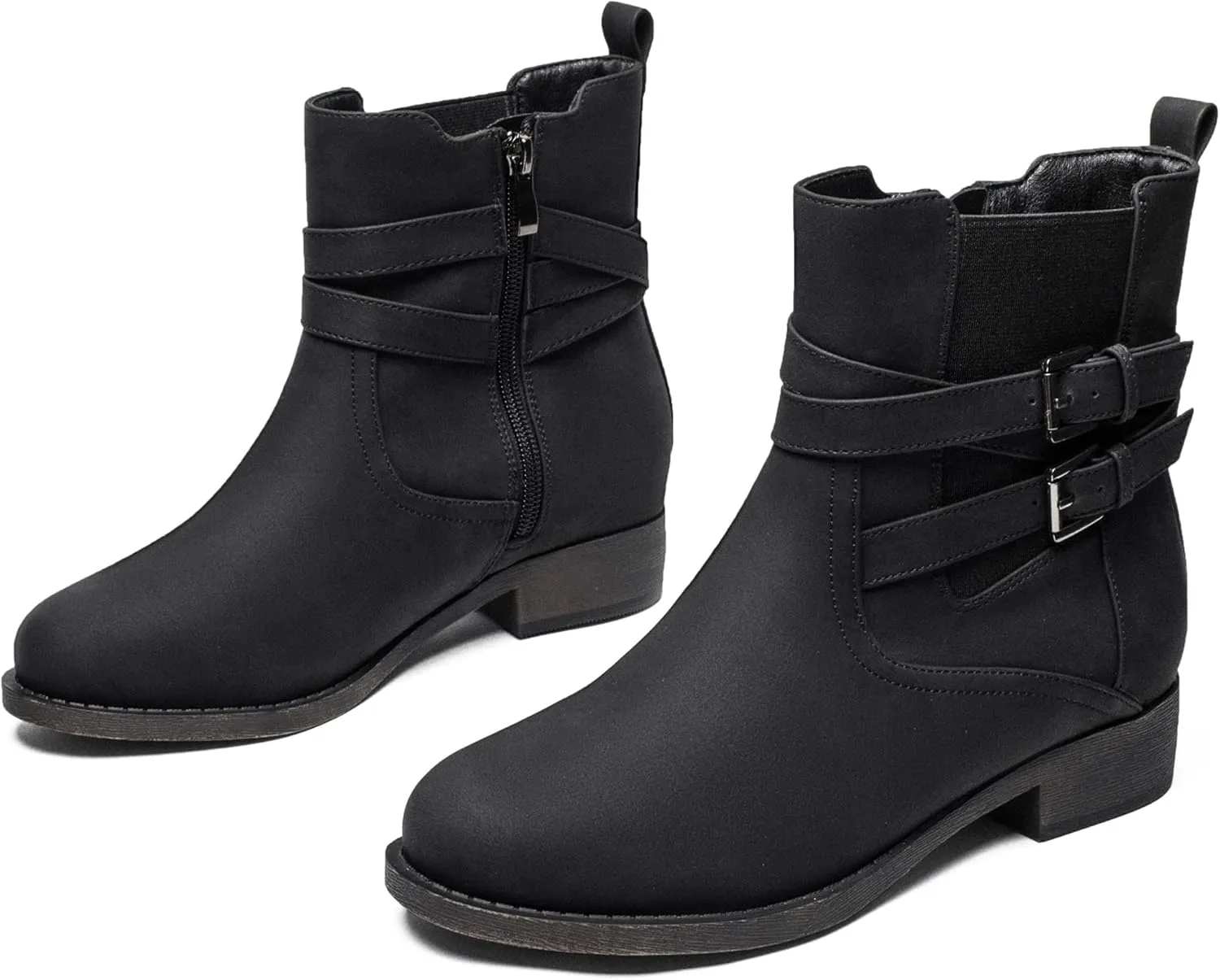 Ataiwee Women's Ankle Boots - Classic Side Zip, Comfortable Platform, Cover with Buckle Strap, Round Toe, Low Chunky Heel Comfort Slip On Fashion (Black/Dark Brown/Grey) Boots.