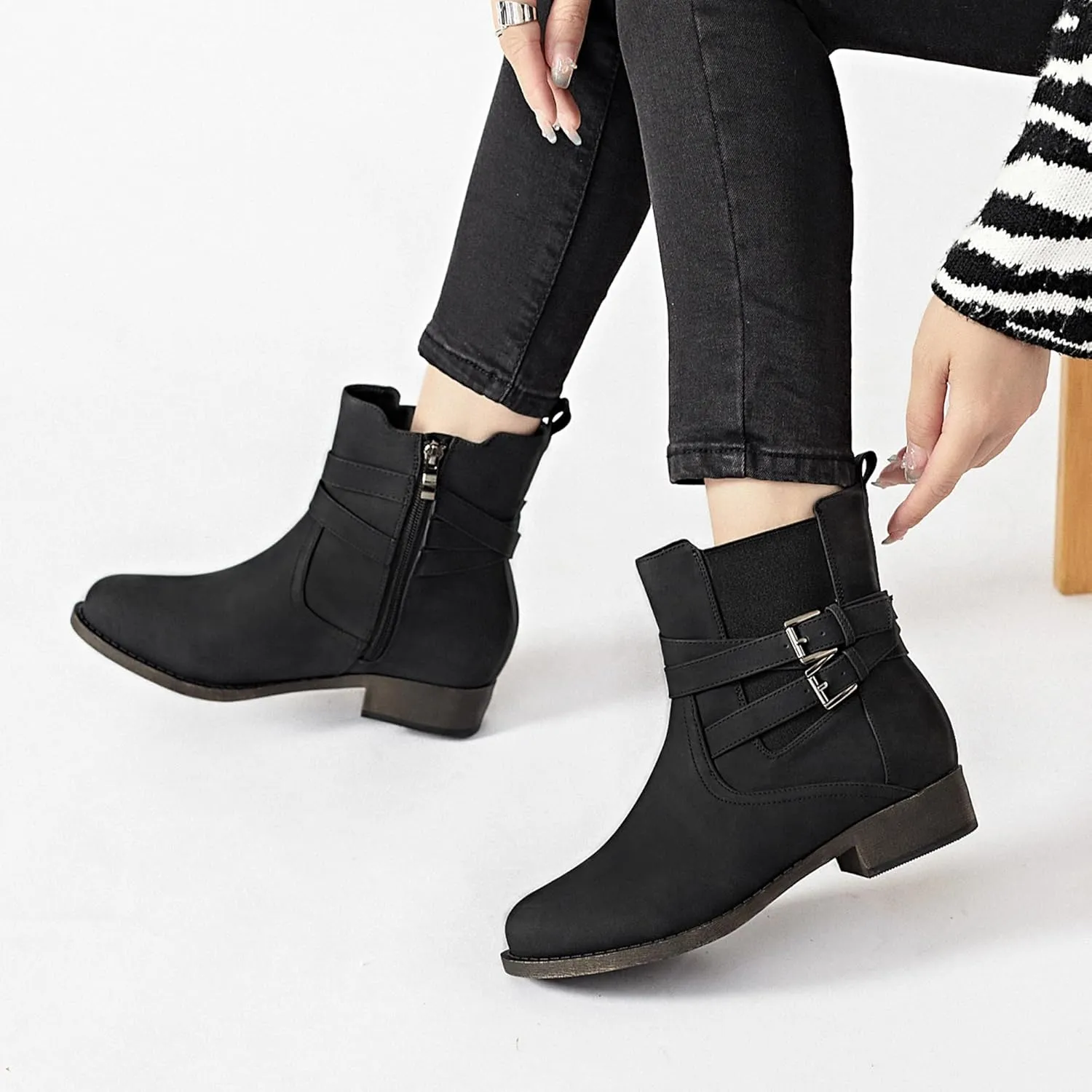 Ataiwee Women's Ankle Boots - Classic Side Zip, Comfortable Platform, Cover with Buckle Strap, Round Toe, Low Chunky Heel Comfort Slip On Fashion (Black/Dark Brown/Grey) Boots.
