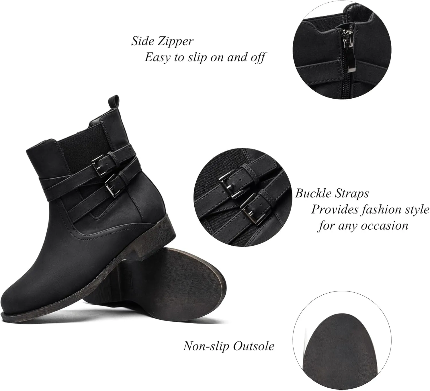 Ataiwee Women's Ankle Boots - Classic Side Zip, Comfortable Platform, Cover with Buckle Strap, Round Toe, Low Chunky Heel Comfort Slip On Fashion (Black/Dark Brown/Grey) Boots.