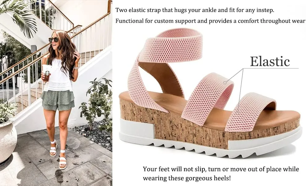Athlefit Women's Wedge Sandals Platform Sandals Cork Elastic Strap Platform Sandals