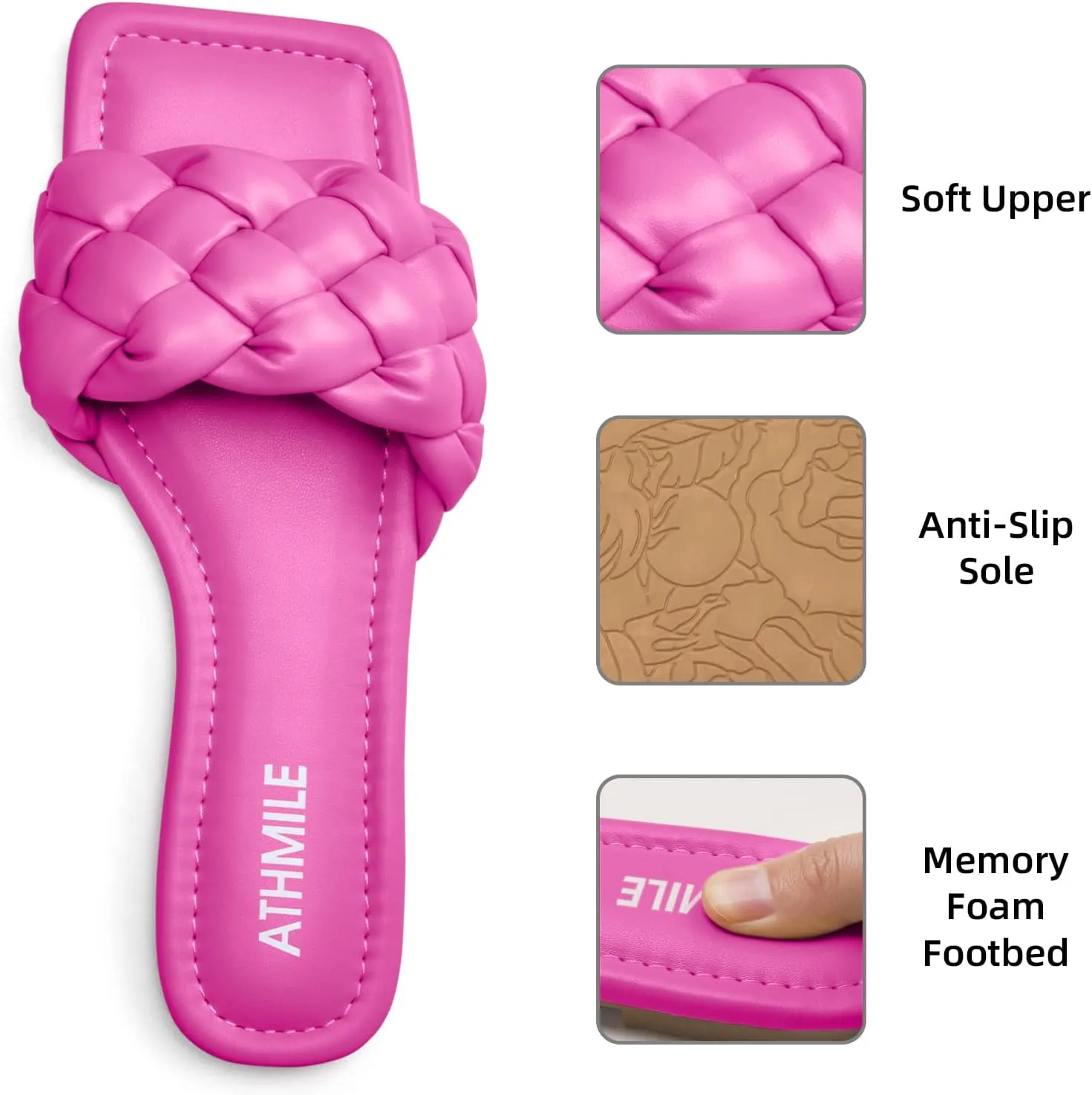 ATHMILE Braided Womens Sandals Square Open Toe Fashion Slide Sandals Women Dressy Summer Flat Beach 2025 Size 6-11