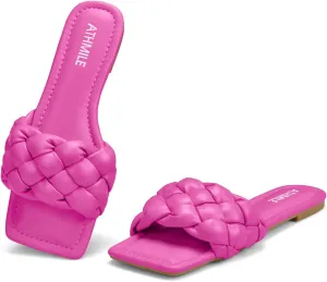ATHMILE Braided Womens Sandals Square Open Toe Fashion Slide Sandals Women Dressy Summer Flat Beach 2025 Size 6-11