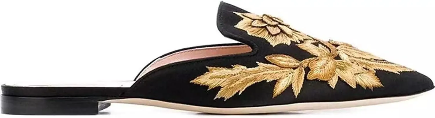Axellion Comfortable Embroidered Mules for Women, Slip-on Backless Loafers with Pointed Toe, Stylish Flat Slides for Casual & Business Wear