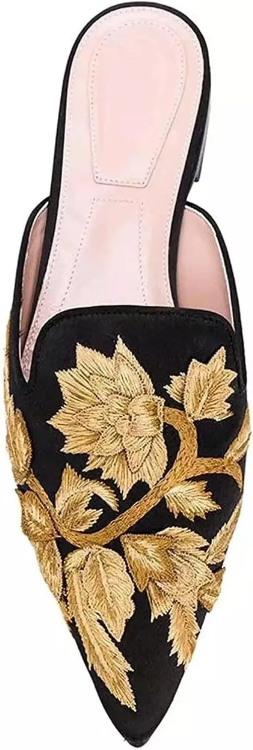 Axellion Comfortable Embroidered Mules for Women, Slip-on Backless Loafers with Pointed Toe, Stylish Flat Slides for Casual & Business Wear