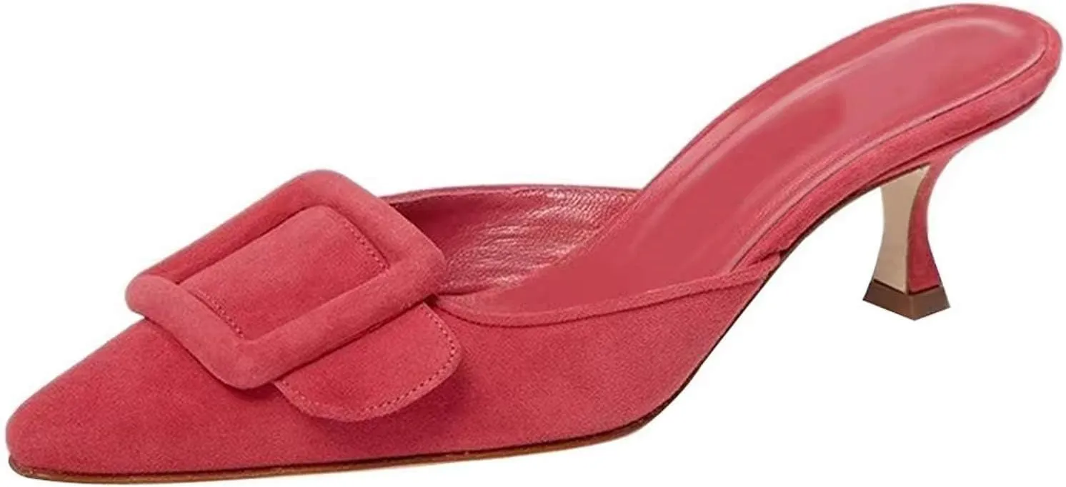 Axellion Comfortable Kitten Heel Mules for Women, Slip-on Backless Loafers with Pointed Toe, Buckle Knot Detail, Stylish Flat Slides for Casual & Business Wear
