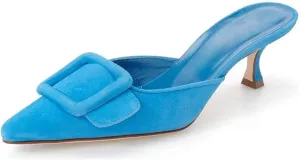 Axellion Comfortable Kitten Heel Mules for Women, Slip-on Backless Loafers with Pointed Toe, Buckle Knot Detail, Stylish Flat Slides for Casual & Business Wear