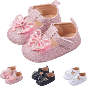 Baby Infant Bow Pearl Sequins Mary Jane Sandals Flat Non Slip Walking Shoes Wedding Formal Dress Closed Toe Sandals