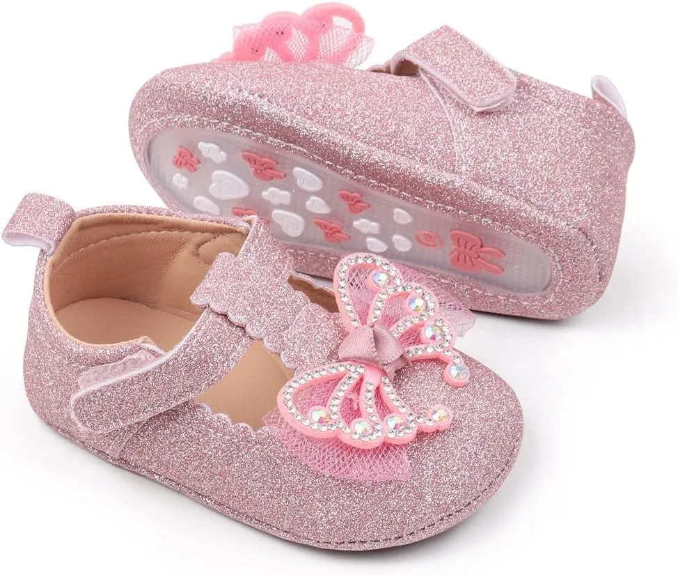 Baby Infant Bow Pearl Sequins Mary Jane Sandals Flat Non Slip Walking Shoes Wedding Formal Dress Closed Toe Sandals