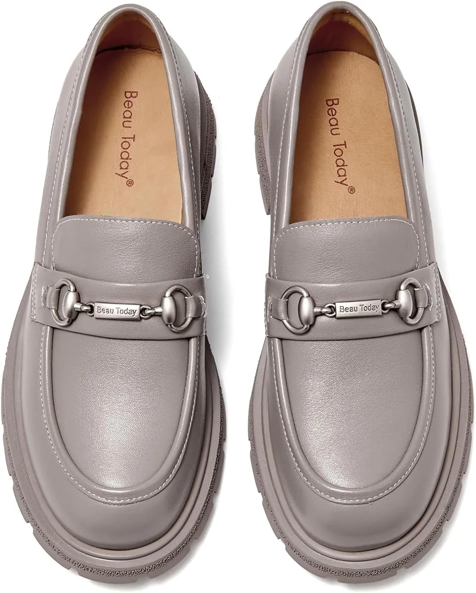 BEAU TODAY Platform Loafers for Women, Chunky Leather Loafers Women, Women’s Slip-on Comfortable Business Casual Round Toe Office Walking Ladies Shoes