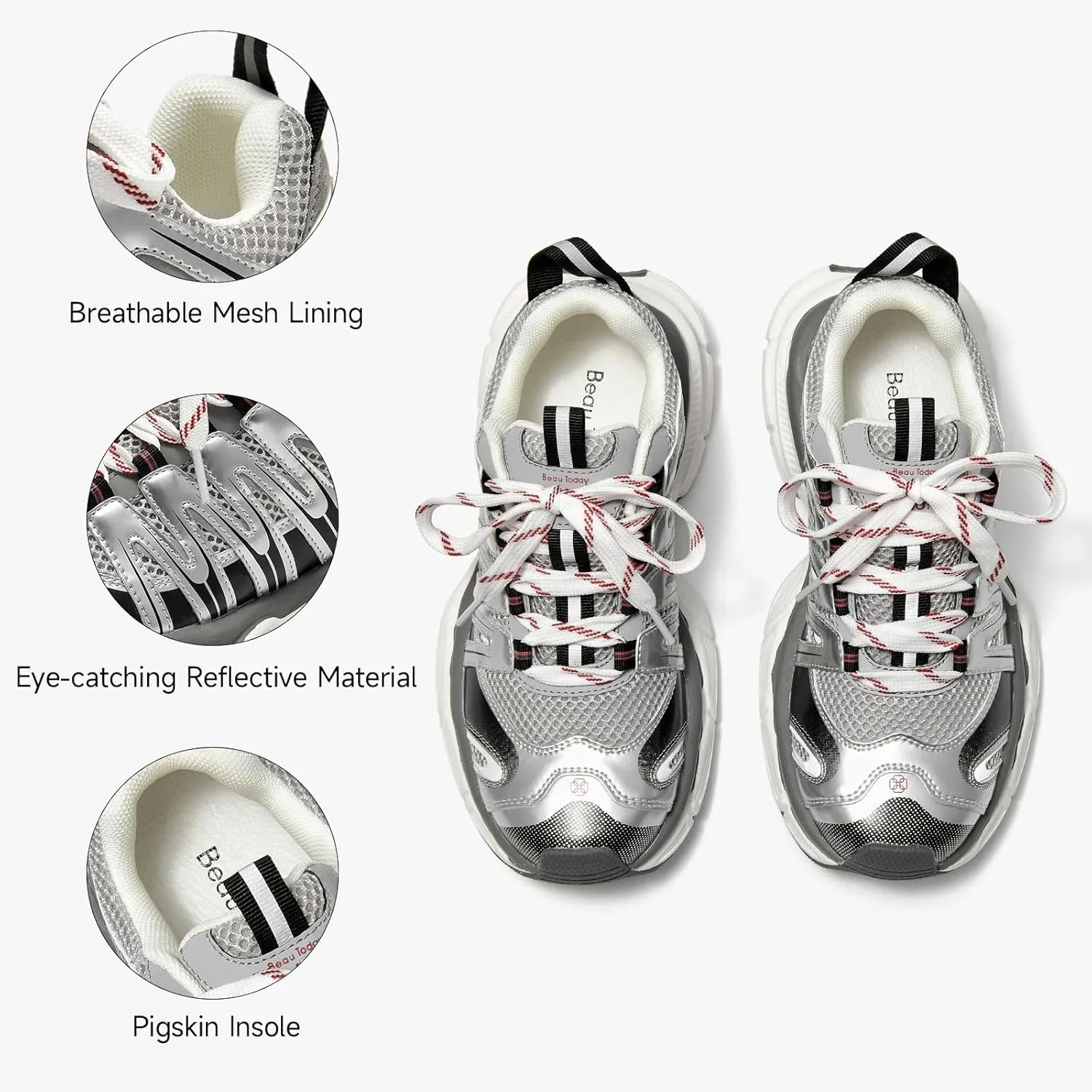 BEAU TODAY Women's Walking Shoes, Chunky Platform Fashion Sneakers for Women, Comfortable Casual Lightweight Lace-up Gym Workout Athletic Tennis Shoes