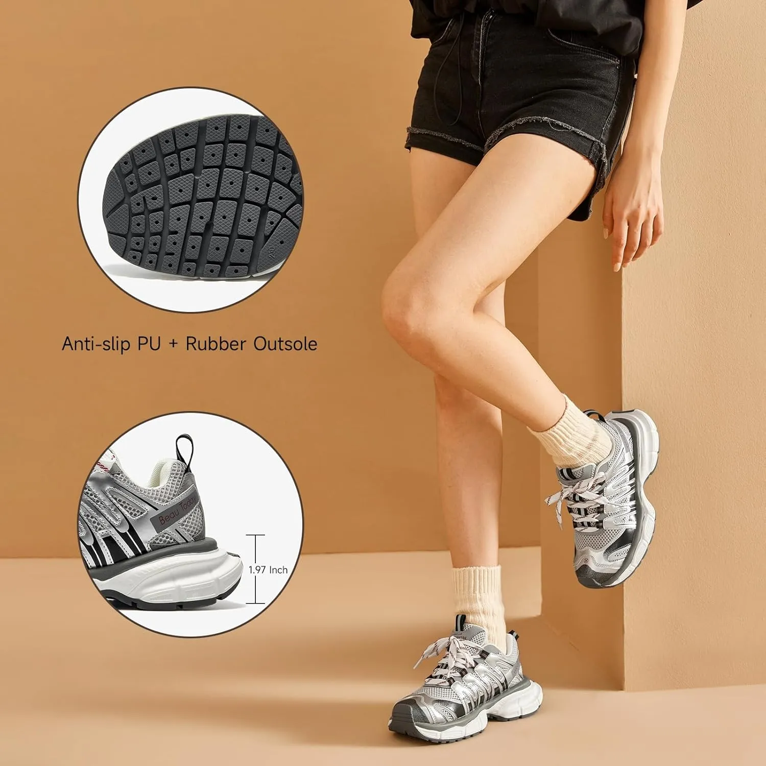 BEAU TODAY Women's Walking Shoes, Chunky Platform Fashion Sneakers for Women, Comfortable Casual Lightweight Lace-up Gym Workout Athletic Tennis Shoes